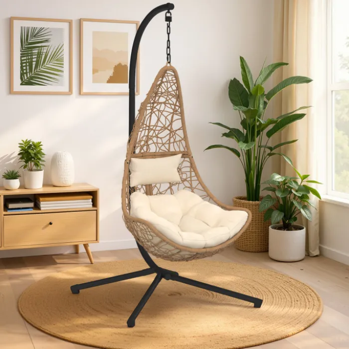 Fauteuil demi-lune suspendu ajouré effet rotin avec coussin écru