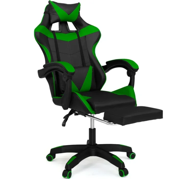 Fauteuil gamer réglable et inclinable avec repose pied et coussins noir et vert