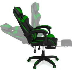 Fauteuil gamer réglable et inclinable avec repose pied et coussins noir et vert