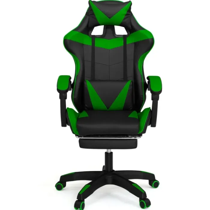 Fauteuil gamer réglable et inclinable avec repose pied et coussins noir et vert