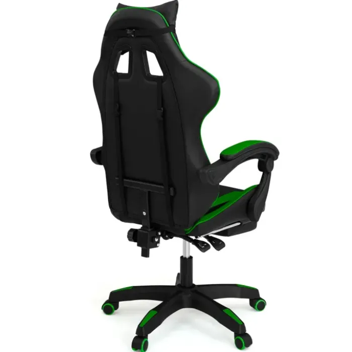Fauteuil gamer réglable et inclinable avec repose pied et coussins noir et vert