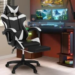 Fauteuil gamer réglable et inclinable avec repose-pied et coussins noir et blanc