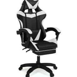 Fauteuil gamer réglable et inclinable avec repose-pied et coussins noir et blanc