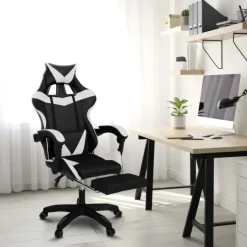 Fauteuil gamer réglable et inclinable avec repose-pied et coussins noir et blanc