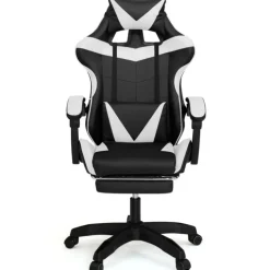 Fauteuil gamer réglable et inclinable avec repose-pied et coussins noir et blanc