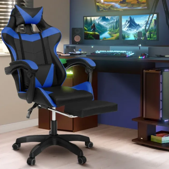 Fauteuil gamer réglable et inclinable avec repose-pied et coussins noir et bleu
