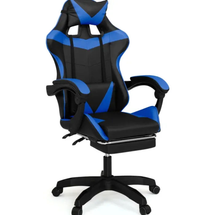 Fauteuil gamer réglable et inclinable avec repose-pied et coussins noir et bleu