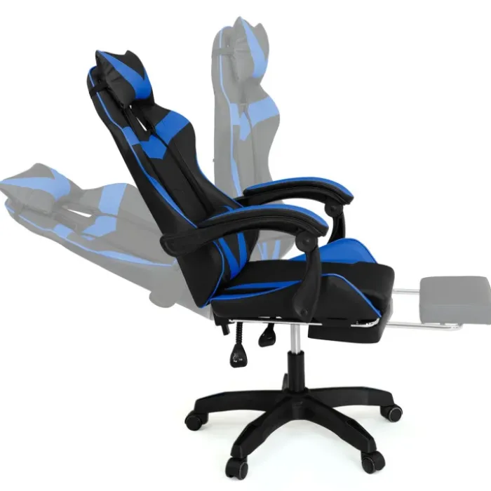 Fauteuil gamer réglable et inclinable avec repose-pied et coussins noir et bleu