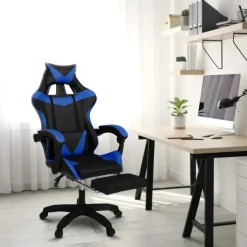 Fauteuil gamer réglable et inclinable avec repose-pied et coussins noir et bleu