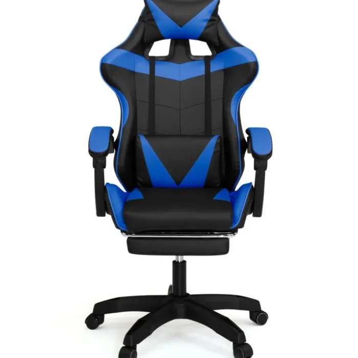 Fauteuil gamer réglable et inclinable avec repose-pied et coussins noir et bleu