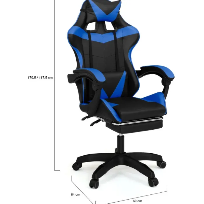 Fauteuil gamer réglable et inclinable avec repose-pied et coussins noir et bleu