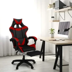 Fauteuil gamer réglable et inclinable avec repose pied et coussins noir et rouge