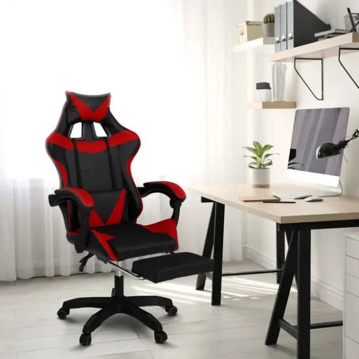 Fauteuil gamer réglable et inclinable avec repose pied et coussins noir et rouge