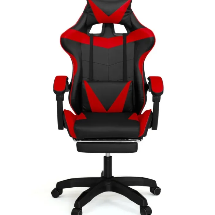 Fauteuil gamer réglable et inclinable avec repose pied et coussins noir et rouge