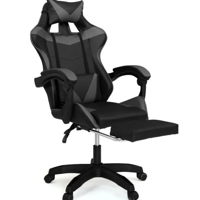 Fauteuil gamer réglable et inclinable avec repose-pied et coussins noir et gris