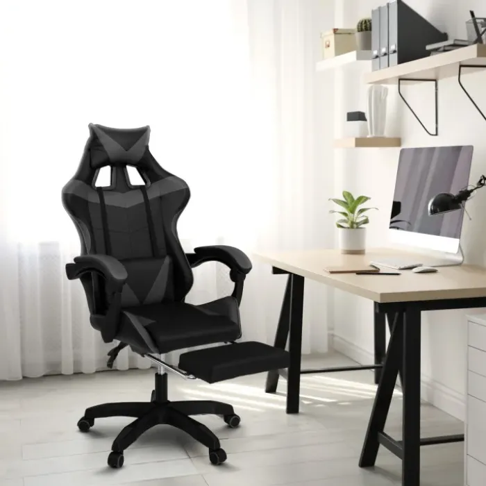 Fauteuil gamer réglable et inclinable avec repose-pied et coussins noir et gris