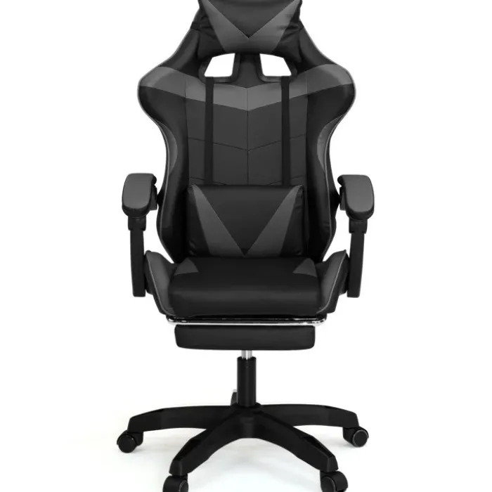 Fauteuil gamer réglable et inclinable avec repose-pied et coussins noir et gris