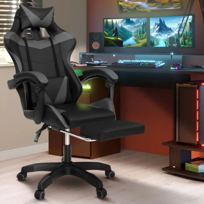 Fauteuil gamer réglable et inclinable avec repose-pied et coussins noir et gris