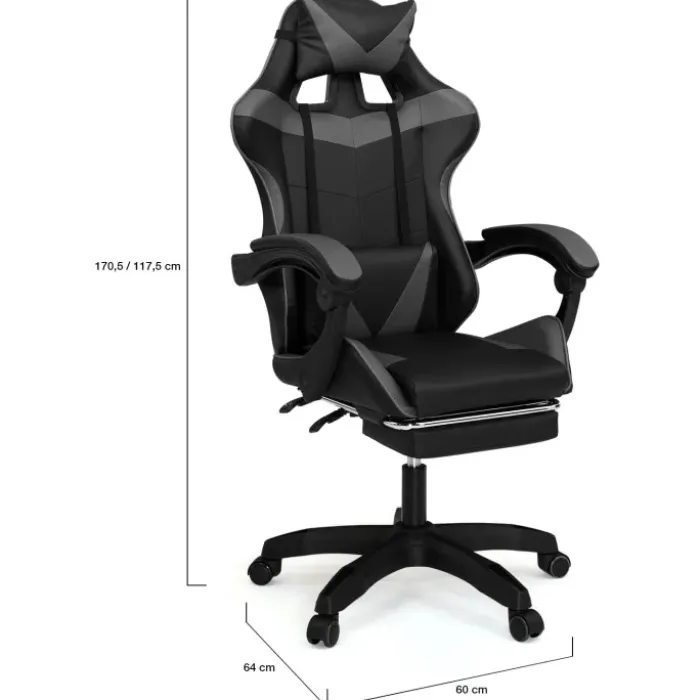 Fauteuil gamer réglable et inclinable avec repose-pied et coussins noir et gris
