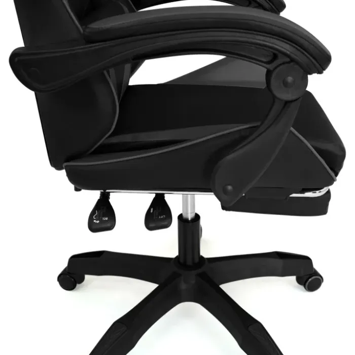 Fauteuil gamer réglable et inclinable avec repose-pied et coussins noir et gris