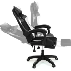 Fauteuil gamer réglable, inclinable avec repose-pied et coussins noir, blanc et gris