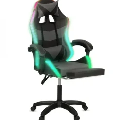 Fauteuil gaming LED noir et gris avec repose-pied, coussin tête + lombaire