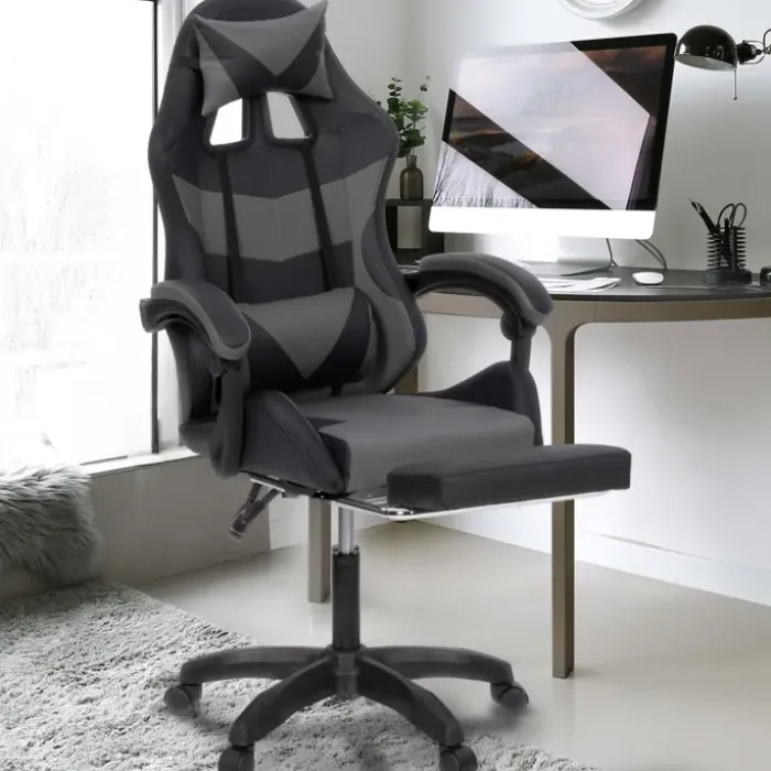 Fauteuil gaming LED noir et gris avec repose-pied, coussin tête + lombaire