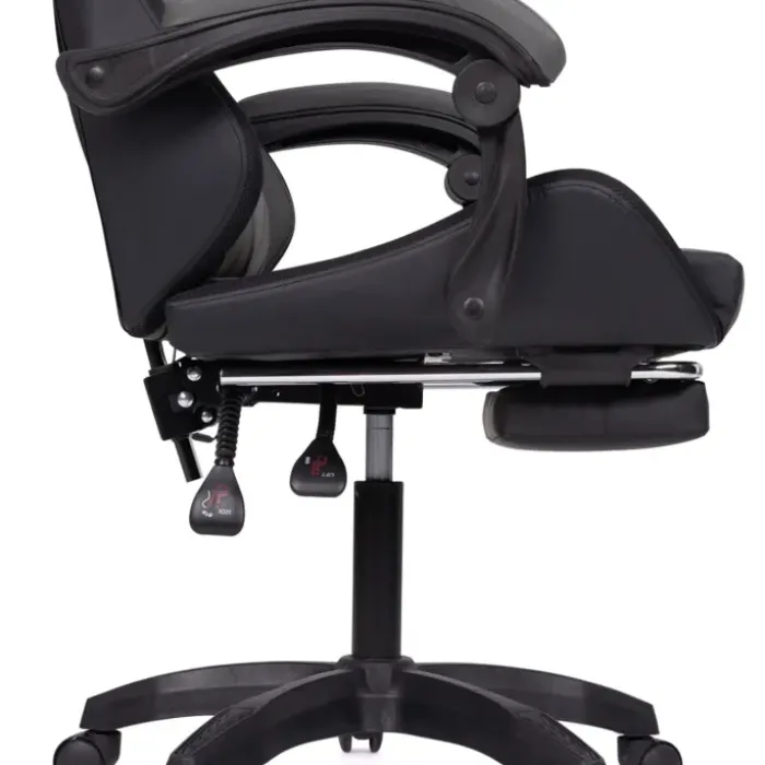 Fauteuil gaming LED noir et gris avec repose-pied, coussin tête + lombaire