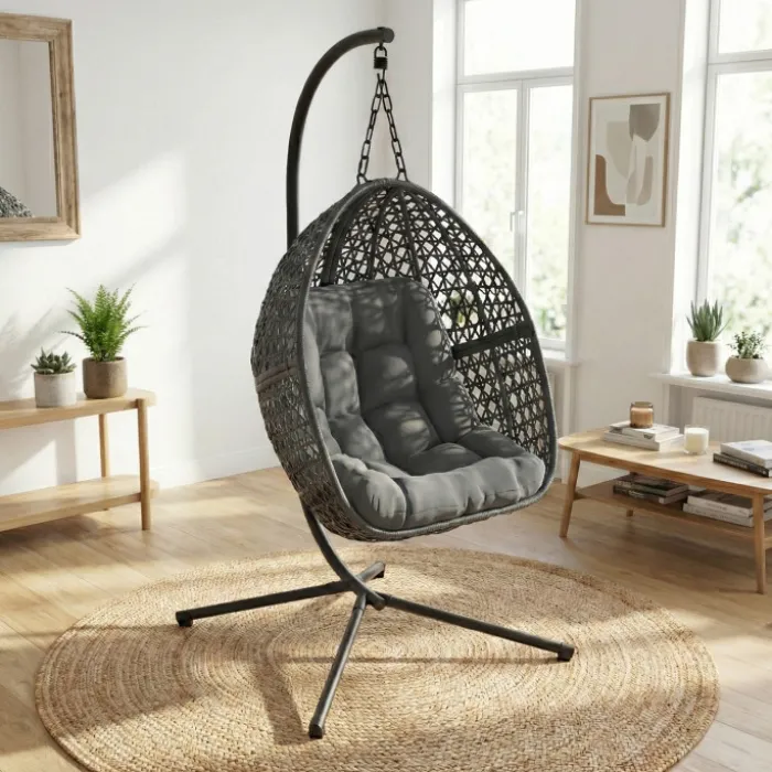 Fauteuil lune suspendu avec coussins gris