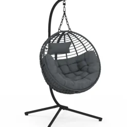 Fauteuil rond suspendu ajouré effet rotin gris avec coussin gris