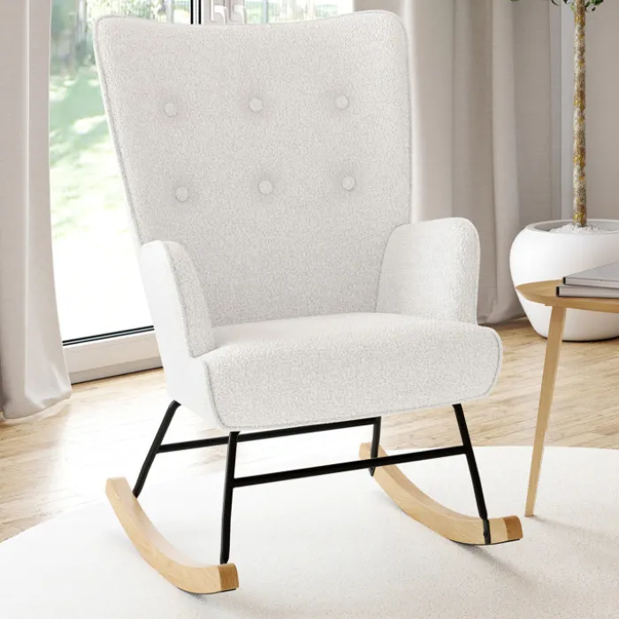 Fauteuil scandinave en tissu à bascule bouclette beige