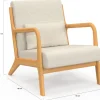 Fauteuil scandinave en tissu beige accoudoirs et pieds bois