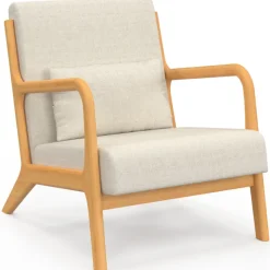 Fauteuil scandinave en tissu beige accoudoirs et pieds bois