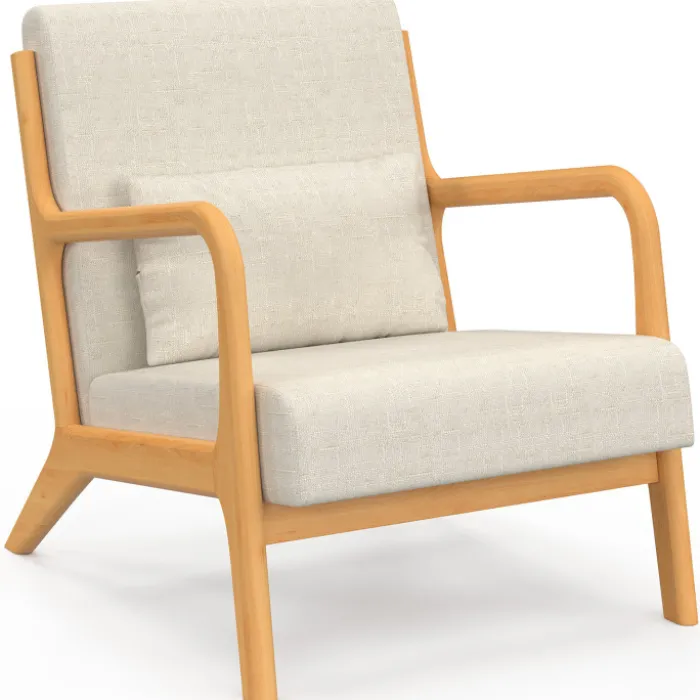 Fauteuil scandinave en tissu beige accoudoirs et pieds bois