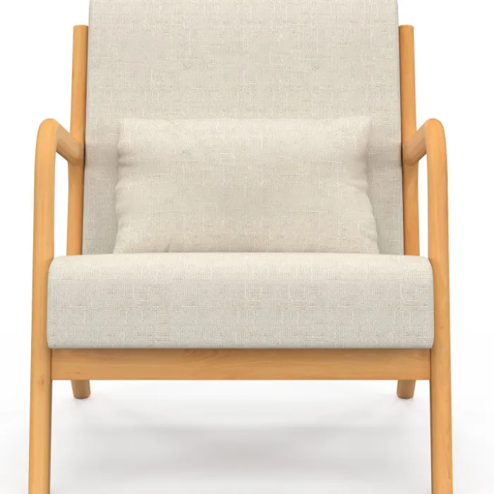 Fauteuil scandinave en tissu beige accoudoirs et pieds bois