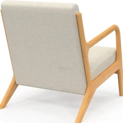 Fauteuil scandinave en tissu beige accoudoirs et pieds bois