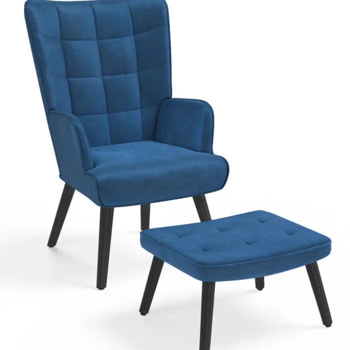 Fauteuil scandinave en velours bleu avec repose-pieds