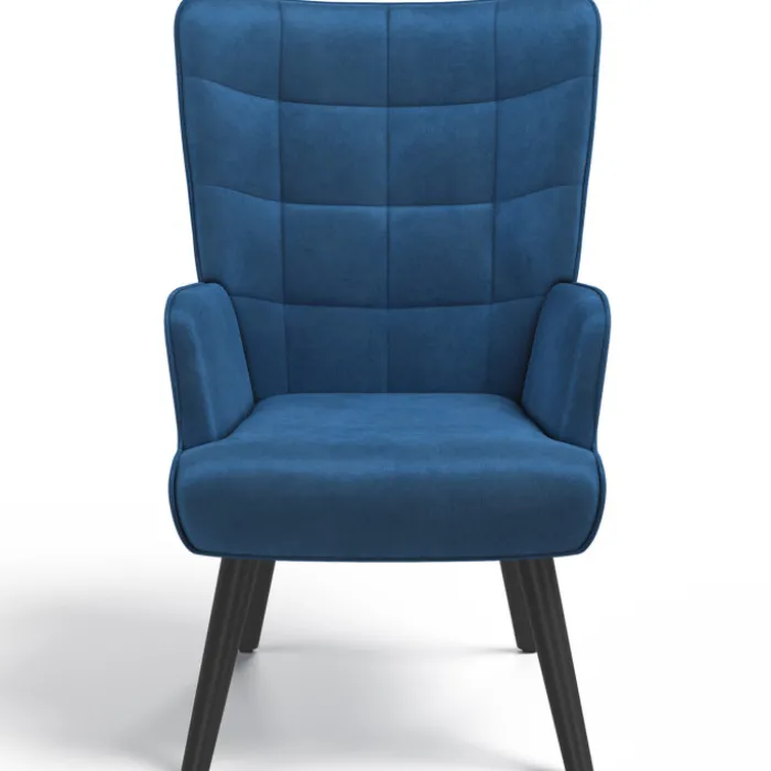 Fauteuil scandinave en velours bleu avec repose-pieds