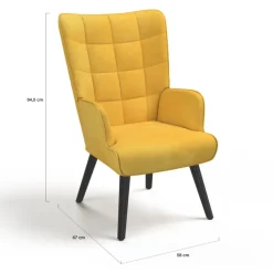 Fauteuil scandinave en velours jaune moutarde