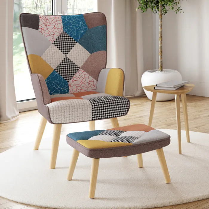 Fauteuil scandinave multicolore avec repose pieds