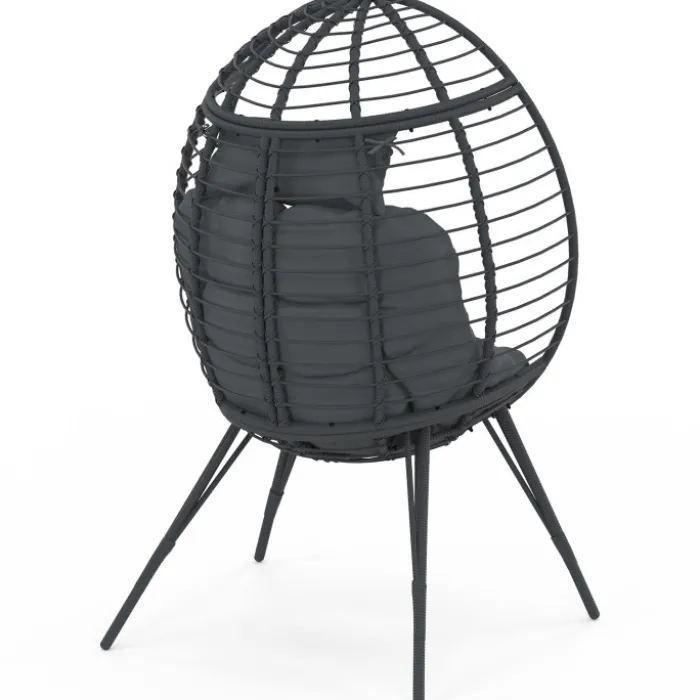 Fauteuil œuf sur pied ajouré gris effet rotin avec coussin gris