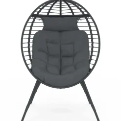 Fauteuil œuf sur pied ajouré gris effet rotin avec coussin gris