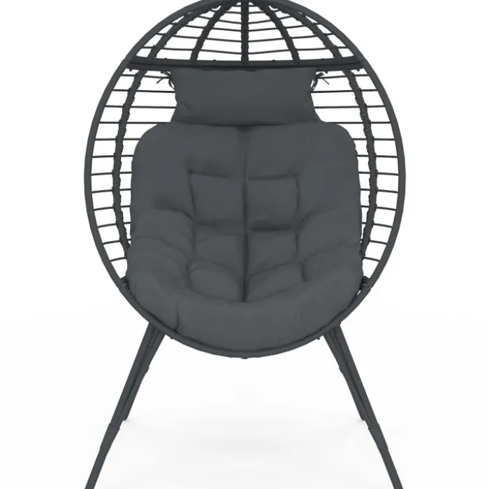 Fauteuil œuf sur pied ajouré gris effet rotin avec coussin gris