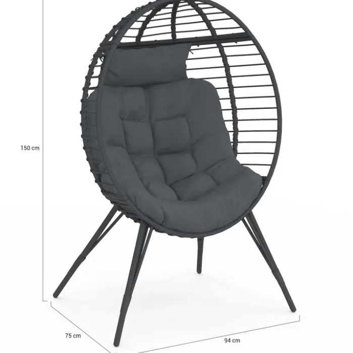 Fauteuil œuf sur pied ajouré gris effet rotin avec coussin gris