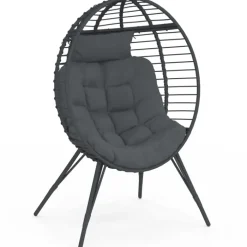 Fauteuil œuf sur pied ajouré gris effet rotin avec coussin gris