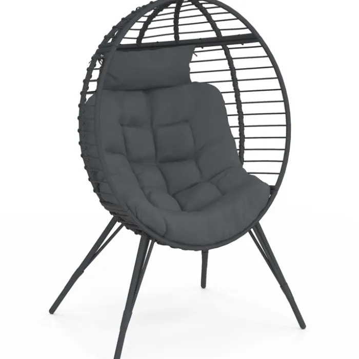 Fauteuil œuf sur pied ajouré gris effet rotin avec coussin gris