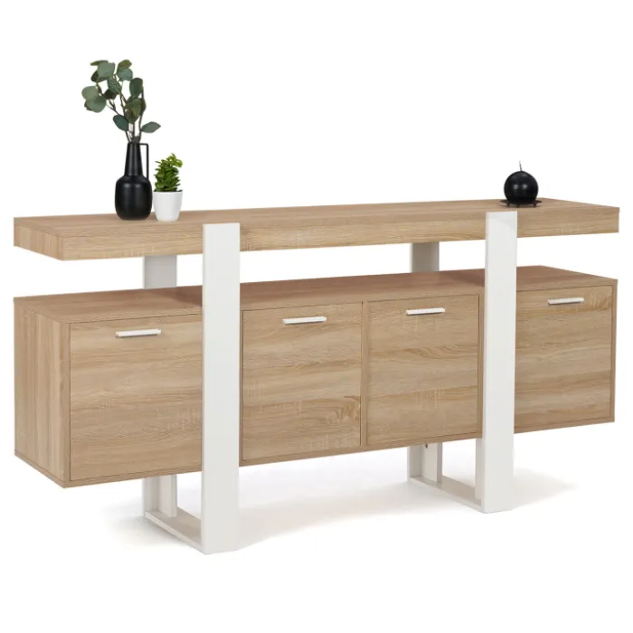 Grand buffet bois et blanc 160 cm 4 portes