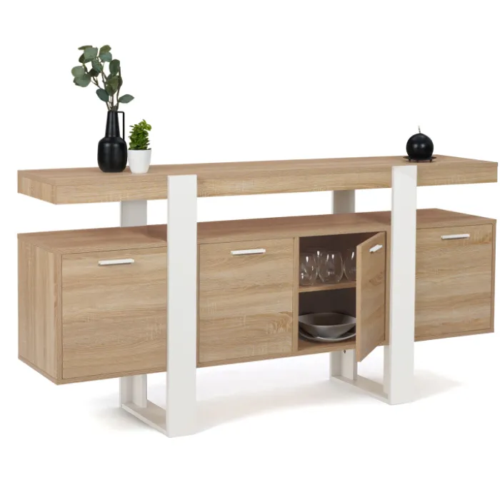Grand buffet bois et blanc 160 cm 4 portes