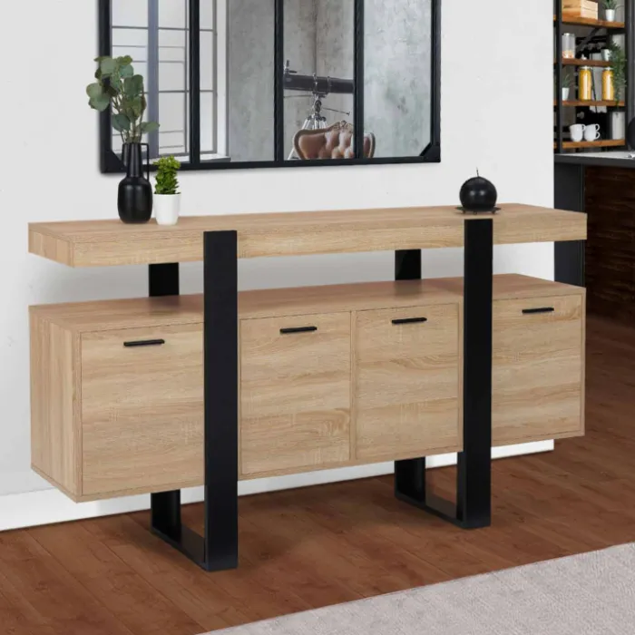 Grand buffet bois et noir 160 cm 4 portes