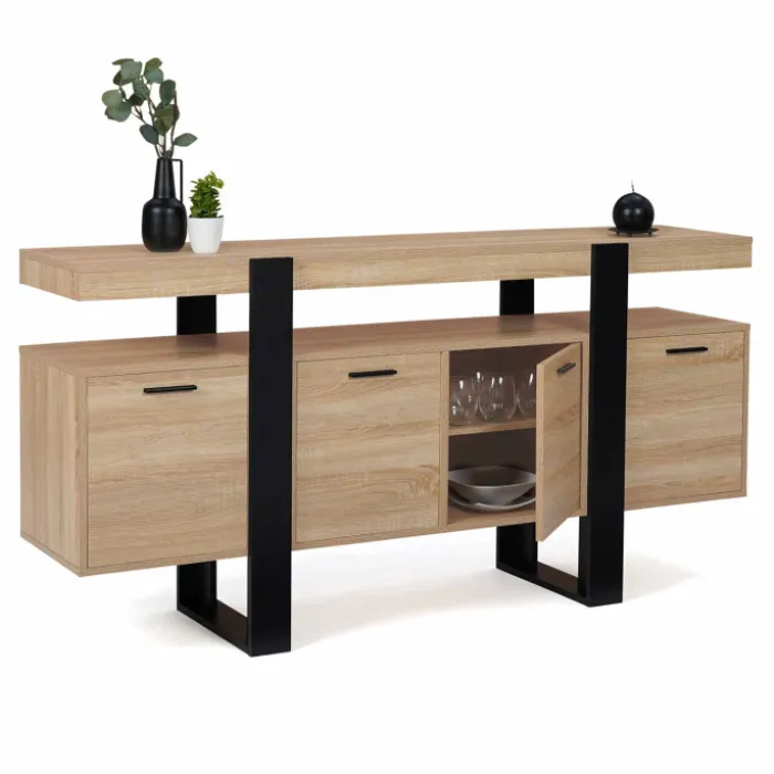 Grand buffet bois et noir 160 cm 4 portes
